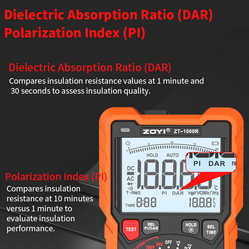 نمایش قابلیتهای PI و DAR در تستر عایق زویی ZT-1000R