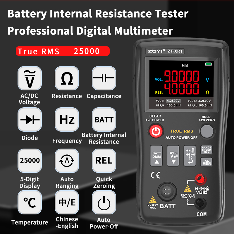 قابلیتهای مولتی متر True RMS و تستر مقاومت داخلی باتری ZOYI ZT-XR1